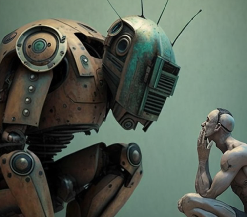 Stor robot står foran en mand, som sidder på hug.
