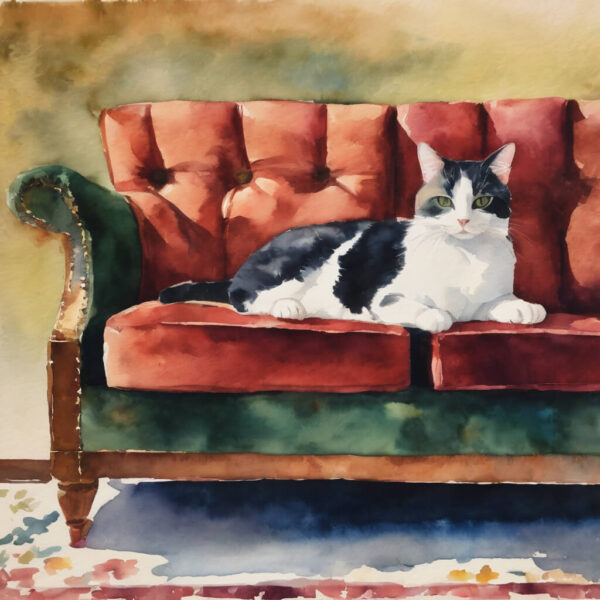 Cat on a couch painted in impressionistic style (skabt med Padlet AI)