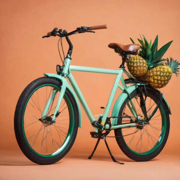 Commercial photography of a brand-new citybike design inspired by pineapple fruit (skabt med Padlet AI)