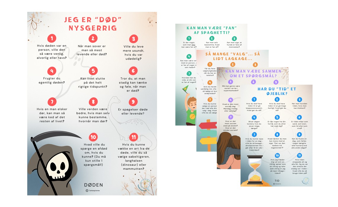 plakater, 5 styks, 11 spørgsmål, grafik med døden