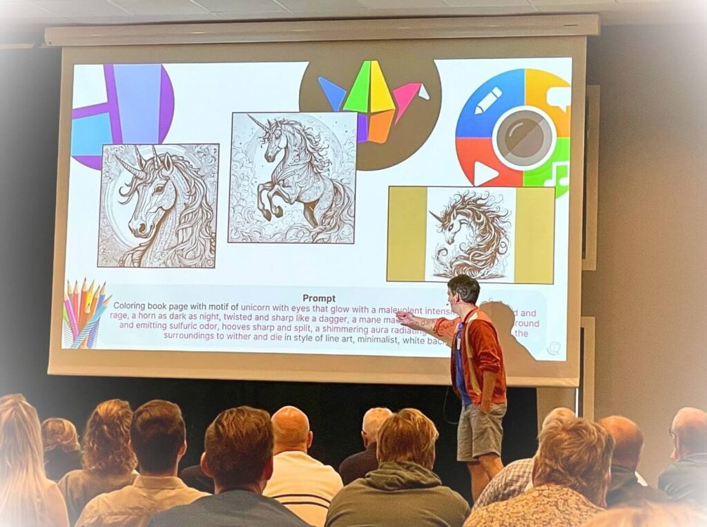 præsentation, webit, slide med enhjørninger, publikum
