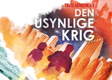 Bogforside, Tavse Verdener af Boris Hansen, akvarel, bordeaux silhuet af mand og kvinde, orange og blå silhuetter af by.