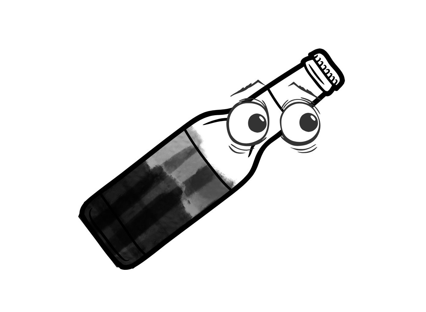 Flaske, urolige øjne, sort væske